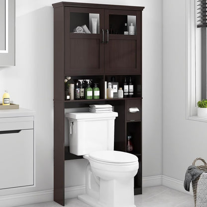 Over The Toilet Storage Cabinet, Storage Cabinet Over Toilet with Double Doors & Toilet Paper Holder Stand, Freestanding Toilet Shelf Space Saver with Anti-Tip Design & Adjustable Shelf, Black