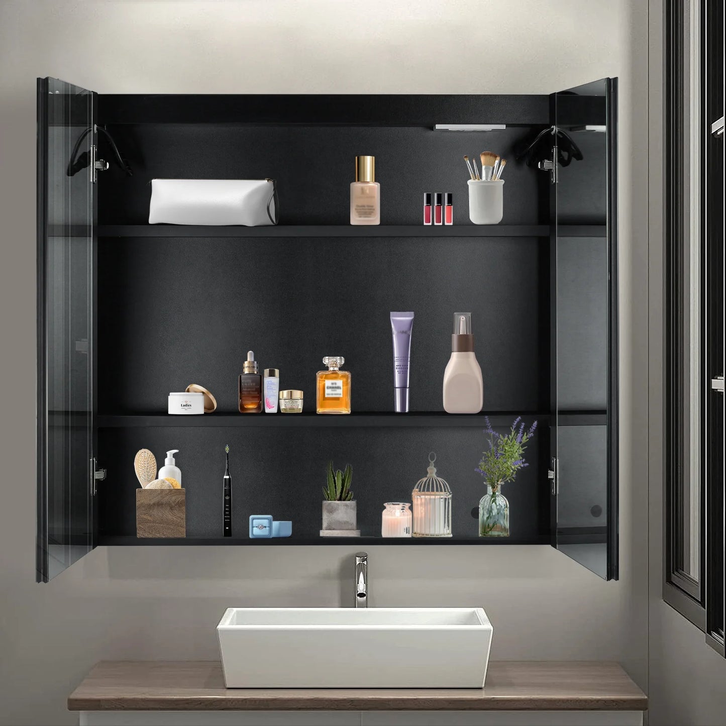 Ktaxon LED Lighted Medicine Cabinet with Mirror Bathroom Wall Cabinet w/Defogger, Dimmable, Memory function, Outlets & USB, 32"x28", Black