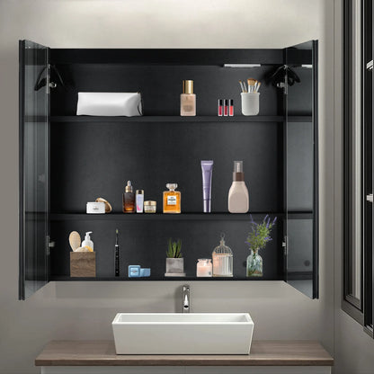 Ktaxon LED Lighted Medicine Cabinet with Mirror Bathroom Wall Cabinet w/Defogger, Dimmable, Memory function, Outlets & USB, 32"x28", Black