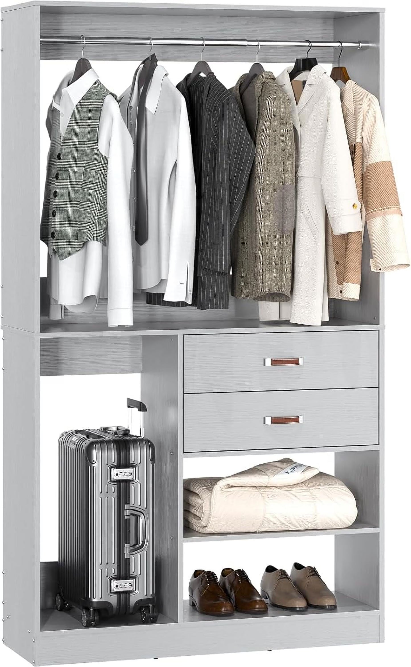 Homieasy Freestanding Closet System with Suitcase Storage, 40 Inches Stand-alone Wardrobe with 2 Wood Drawers, 80'' Height Adjustable Cloth Garment Rack, Walk-in Closet with Hanging Rod, White