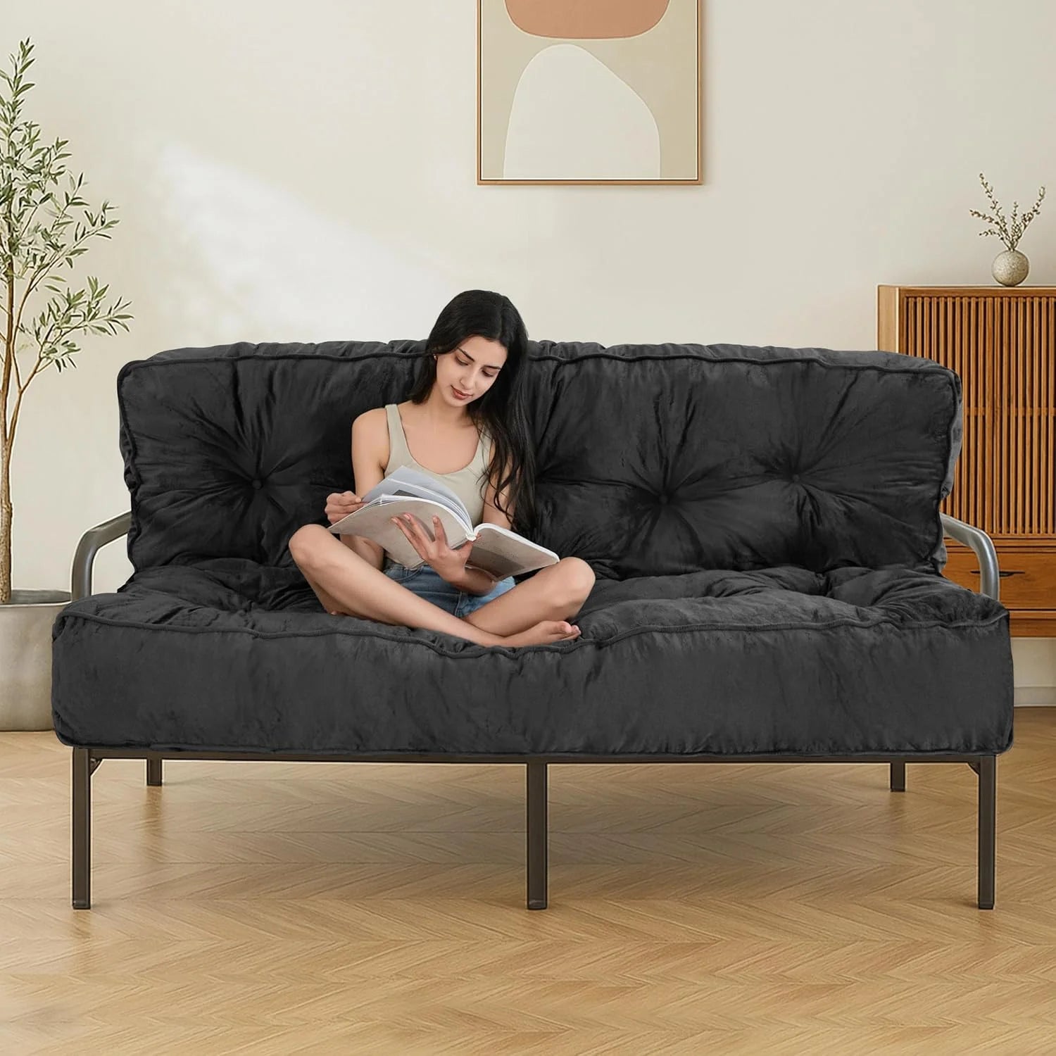 XH 8" Futon Mattress, Full Size Extra Thick Futons Sofa Couch Bed for Adults, Velvet Floor Mattress Shredded Foam Filling (Frame Not Included)