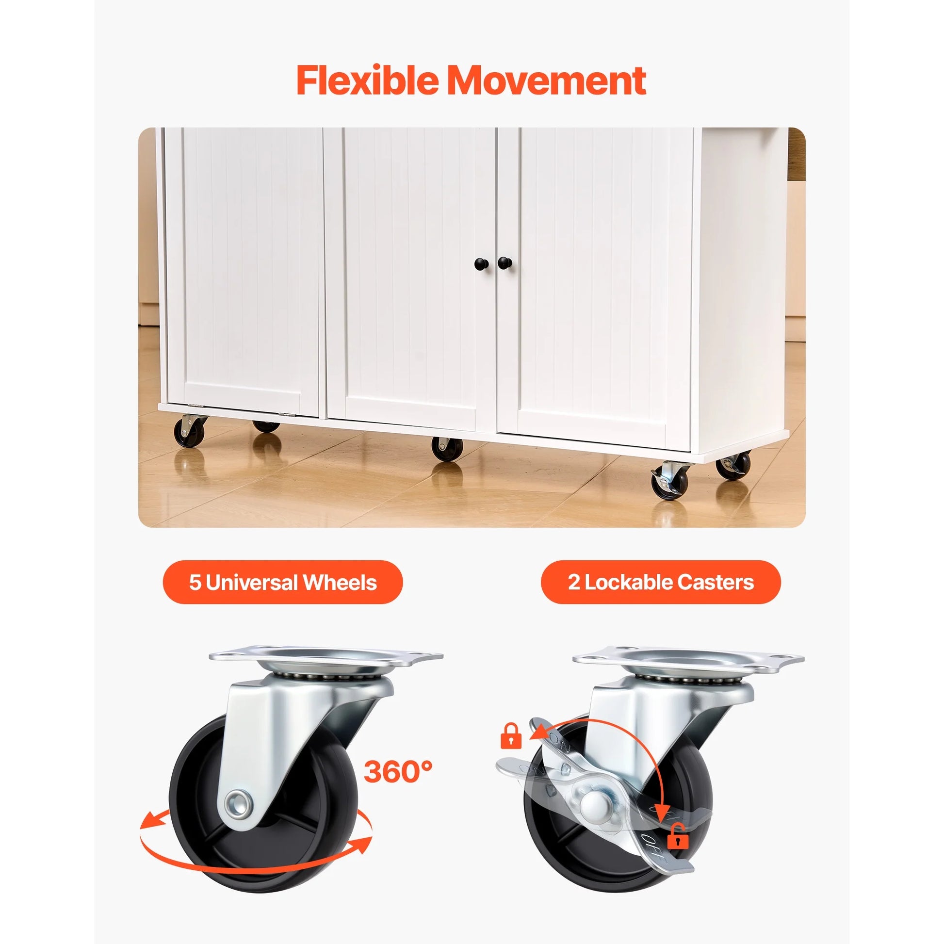 KFFKFF 60in Wide Mobile Kitchen Island Cart with Storage, Drop Leaf, 2 Drawers, Trash Bin Cabinet, Knife Slot, Spice Organizer, and Towel Bar, Ideal for Dining Room or Pantry
