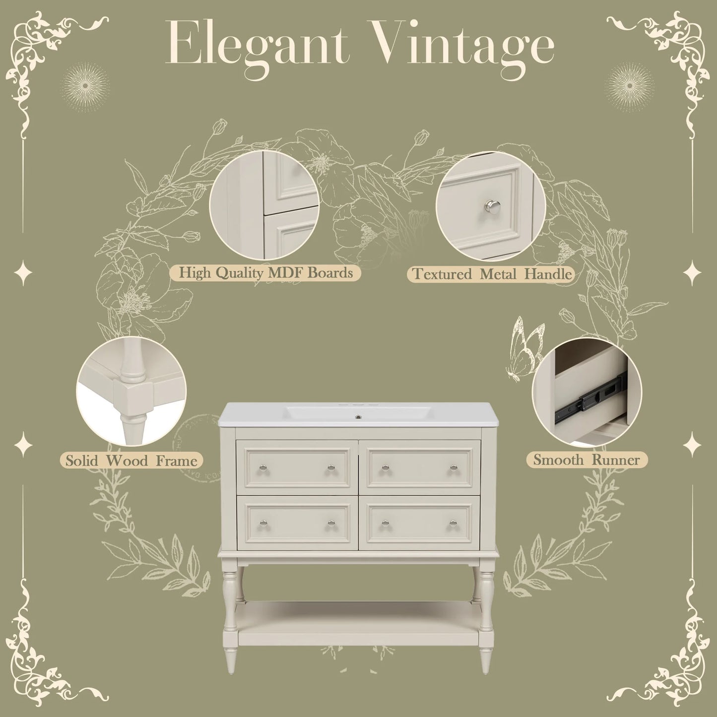 Harper & Bright Designs 36" Bathroom Vanity with Sink, Bathroom Storage Cabinet with Drawers, Single Sink Bathroom Vanity, Beige