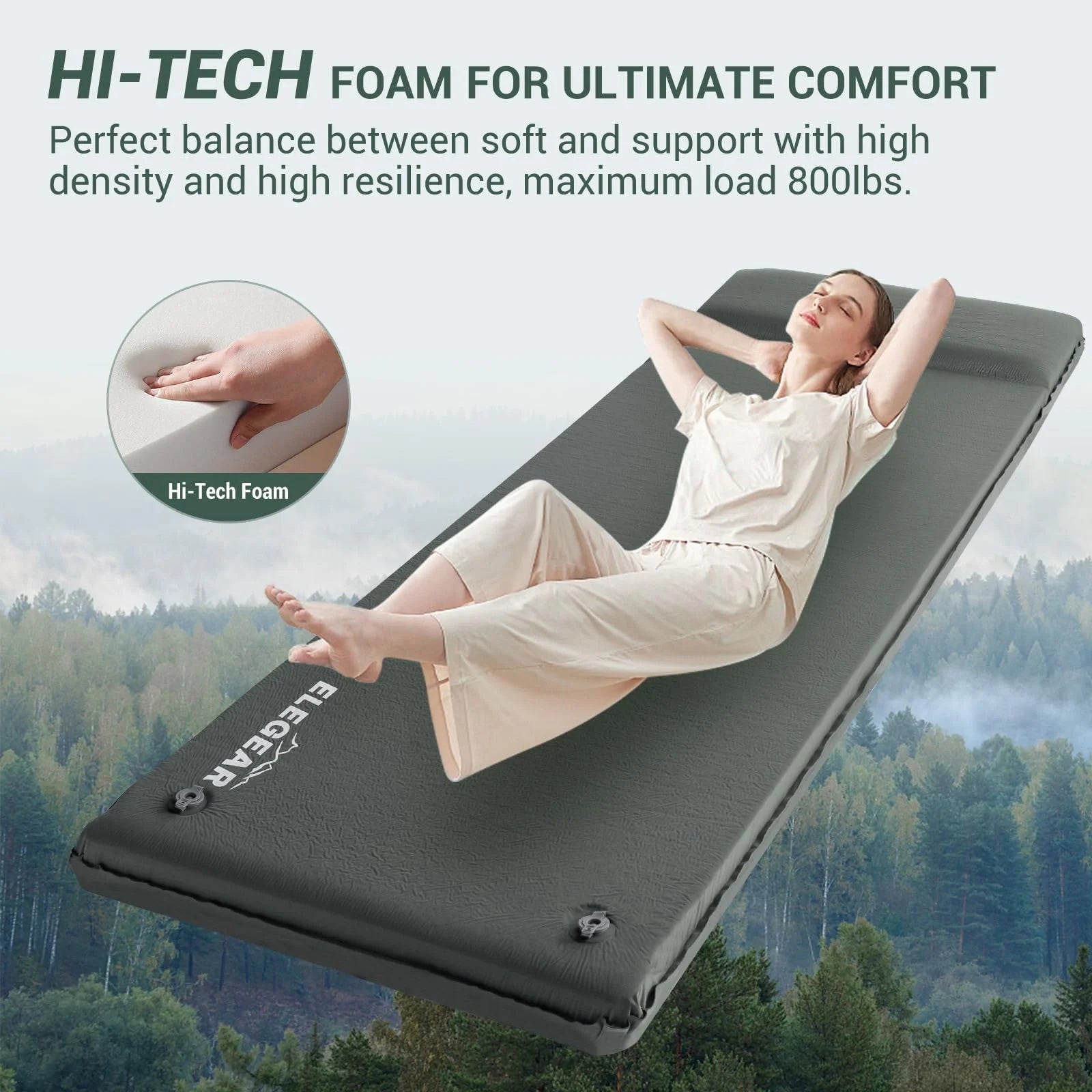 Elegear Self Inflating Sleeping Pad, 3.1" Ultra-Thick Memory Foam Camping Pad with Pillow Fast Inflating in 20s Insulated Camping Mattress Pad 4-Season Camp Sleeping Mat for Camping/Car/Tent