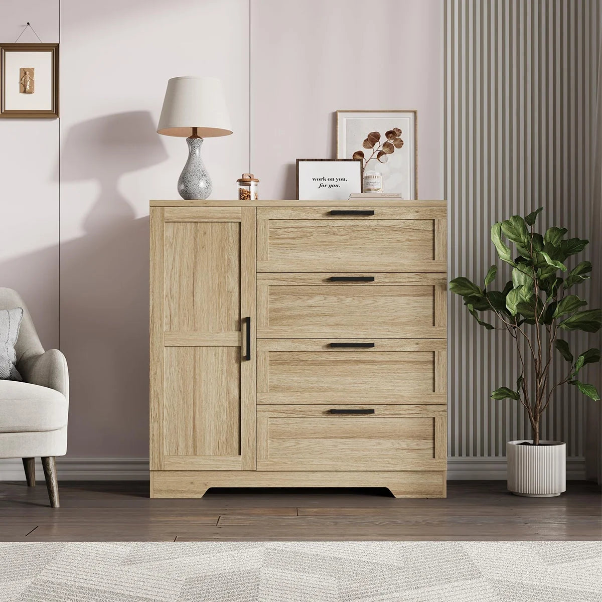 Ataucjin Wood Armoire Wardrobe Closet with 4 Drawers and Door, 43.3" H Bedroom Wardrobe Cabinet with Hanging Rod, Clothing Storage Cabinets, 4 Drawers Dresser with Storage Closet