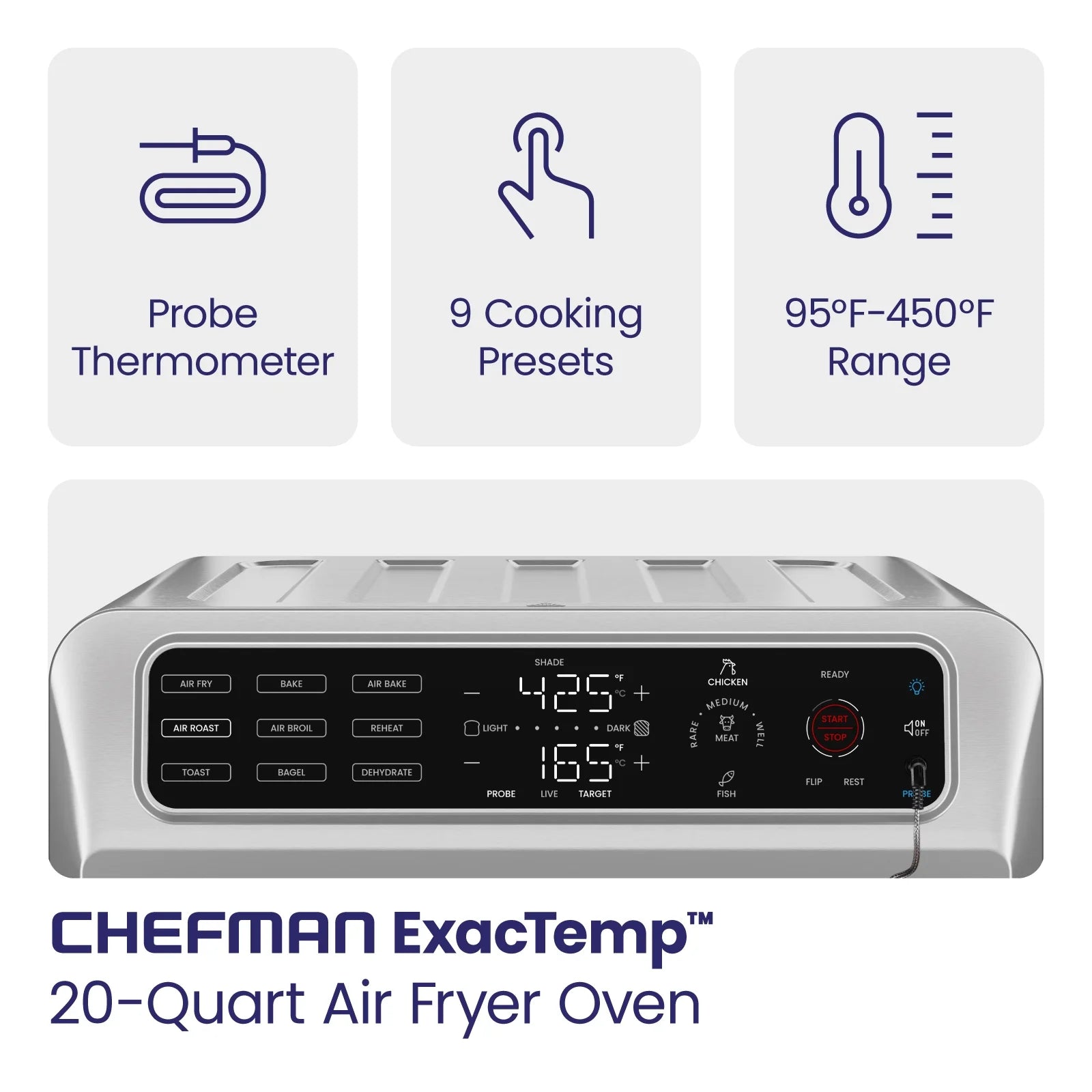 Chefman 12-in-1 Air Fryer Oven Combo w/Probe Thermometer, 20 Qt Capacity - Black Stainless Steel, New