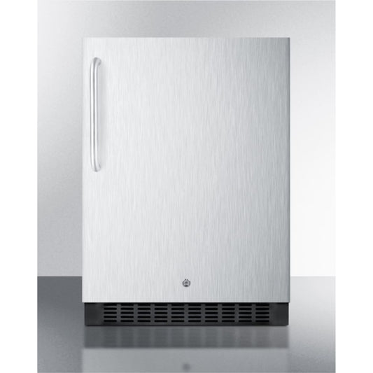 Outdoor all-refrigerator for built-in use, with lock, digital thermostat, towel bar handle, and stainless steel wrapped exterior