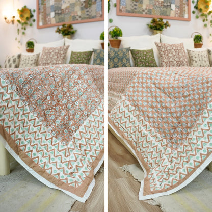 Handmade quilt, block printed floral quilt, boho decorative winter quilt, Indian bedding quilt, throw and blanket for room