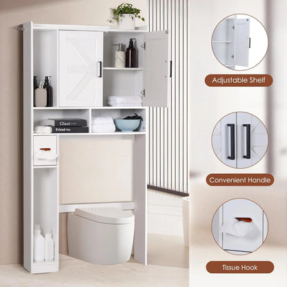 Over The Toilet Storage Cabinet, Farmhouse Bathroom Space Saver Organizer with 2 Barn Doors and Paper Holder Stand, Wooden Toilet Rack for Restroom, Laundry