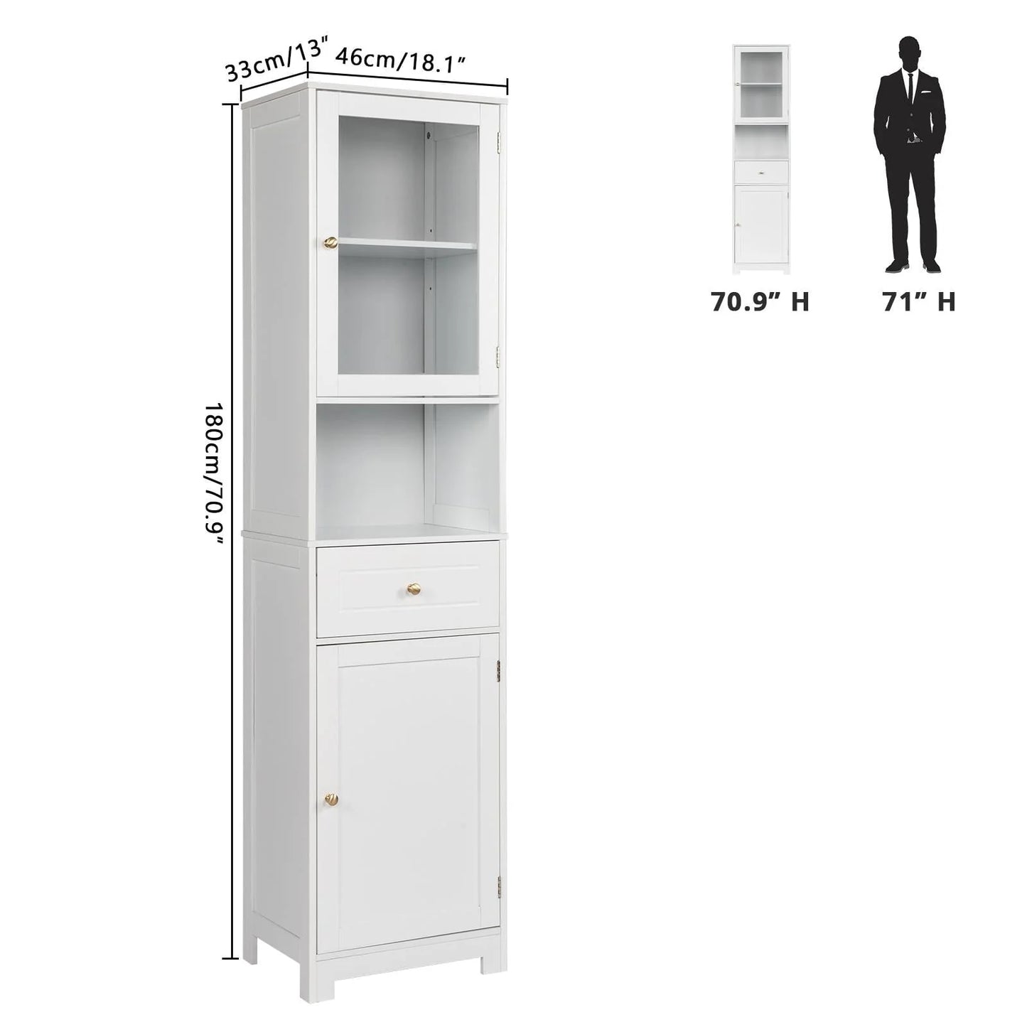 Ktaxon Large Bathroom Tall Storage Cabinet Organizer, Freestanding Line Tower Pantry Cabinet with Adjustable Shelves and 2 Cupboards for Kitchen Living Room Bedroom Office, 18"x13"x71", White