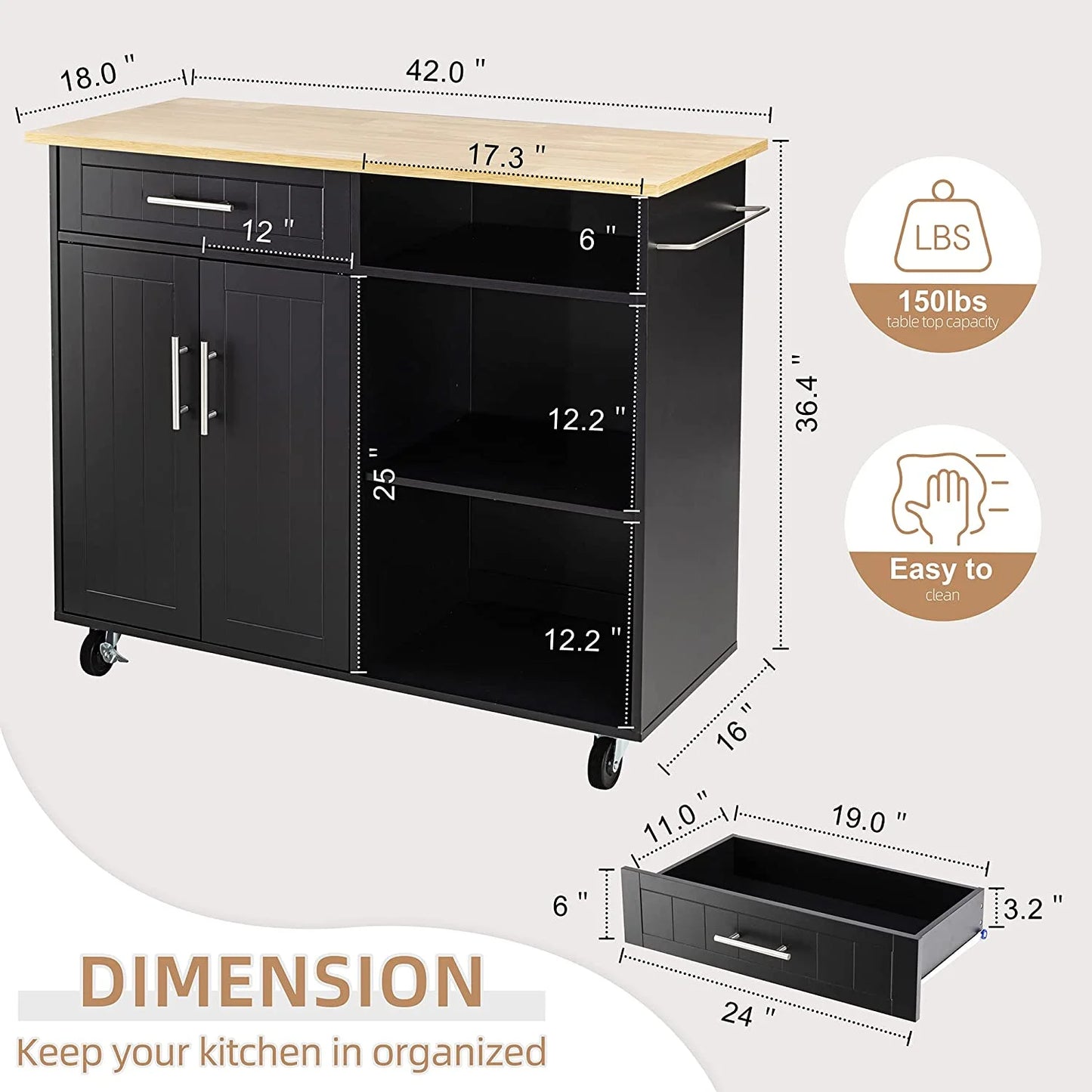 Sobaniilo Kitchen Island Cart with Storage, Rolling Side Table with Large Worktop, Towel Rack, Black