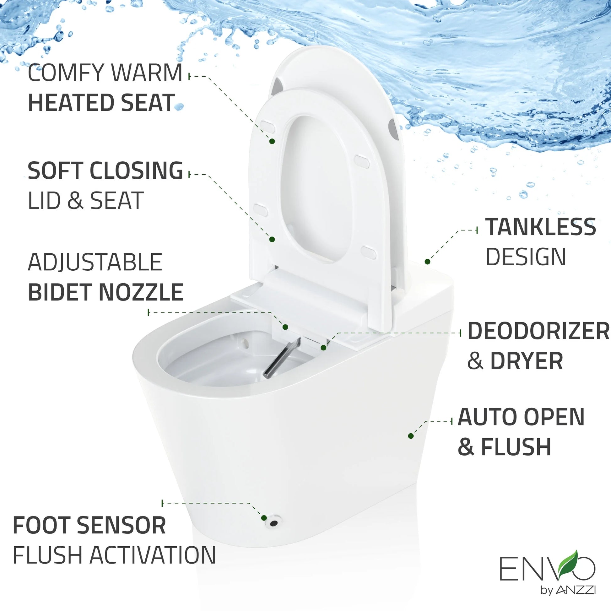 ANZZI ENVO Echo Elongated Smart Toilet Bidet in Matte Black with Auto Flush