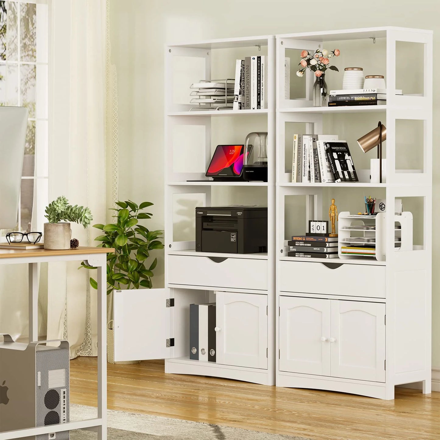 Kitchen Sideboard Pantry Cabinet Tall Freestanding Storage Cabinets with Shelves and Drawer for Bathroom Home Office, White