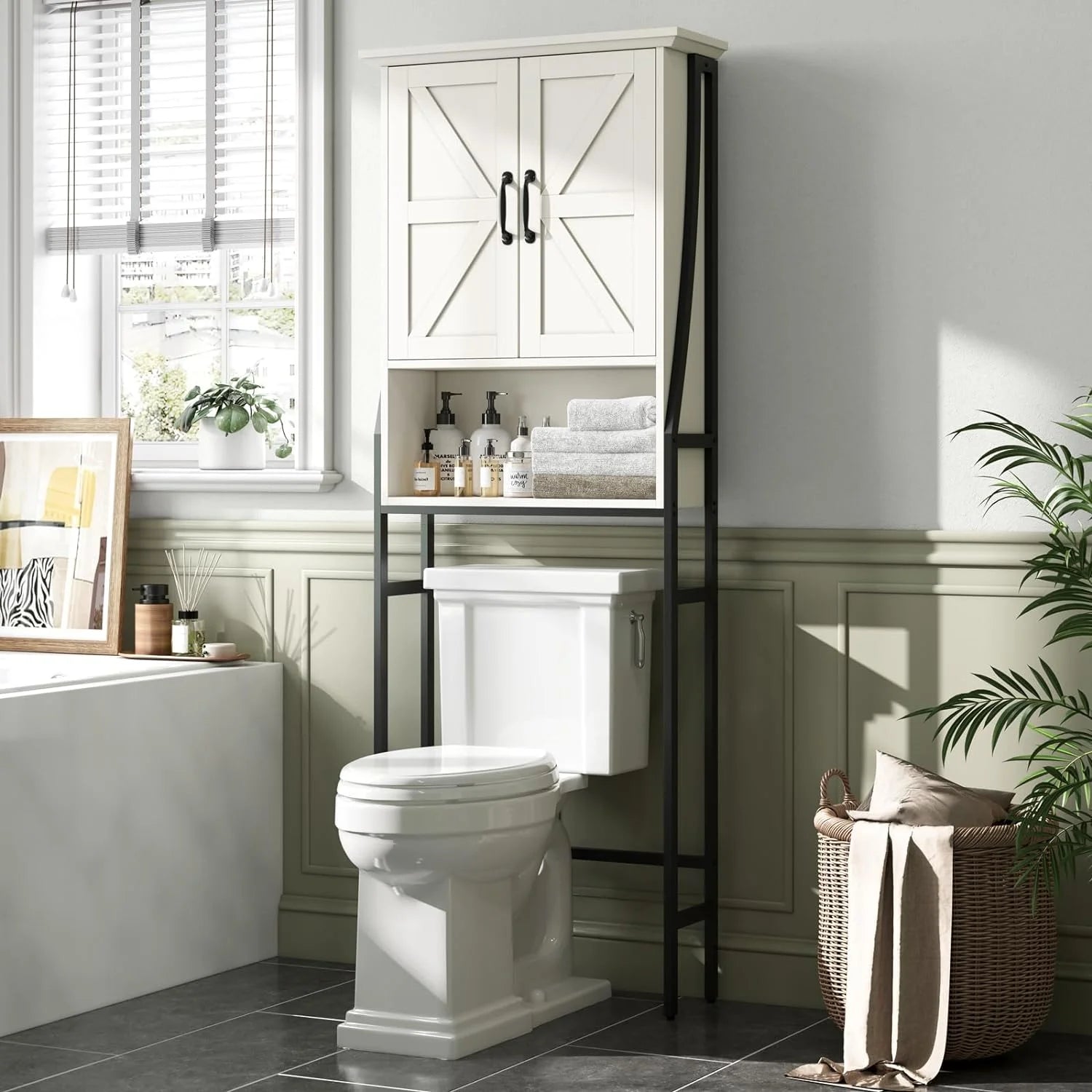 Over The Toilet Storage Cabinet, Over Toilet Bathroom Organizer, Above Toilet Storage Cabinet with Barn Doors Behind Toilet Bathroom Organizer Over-The-Toilet Cabinet (Cream White)