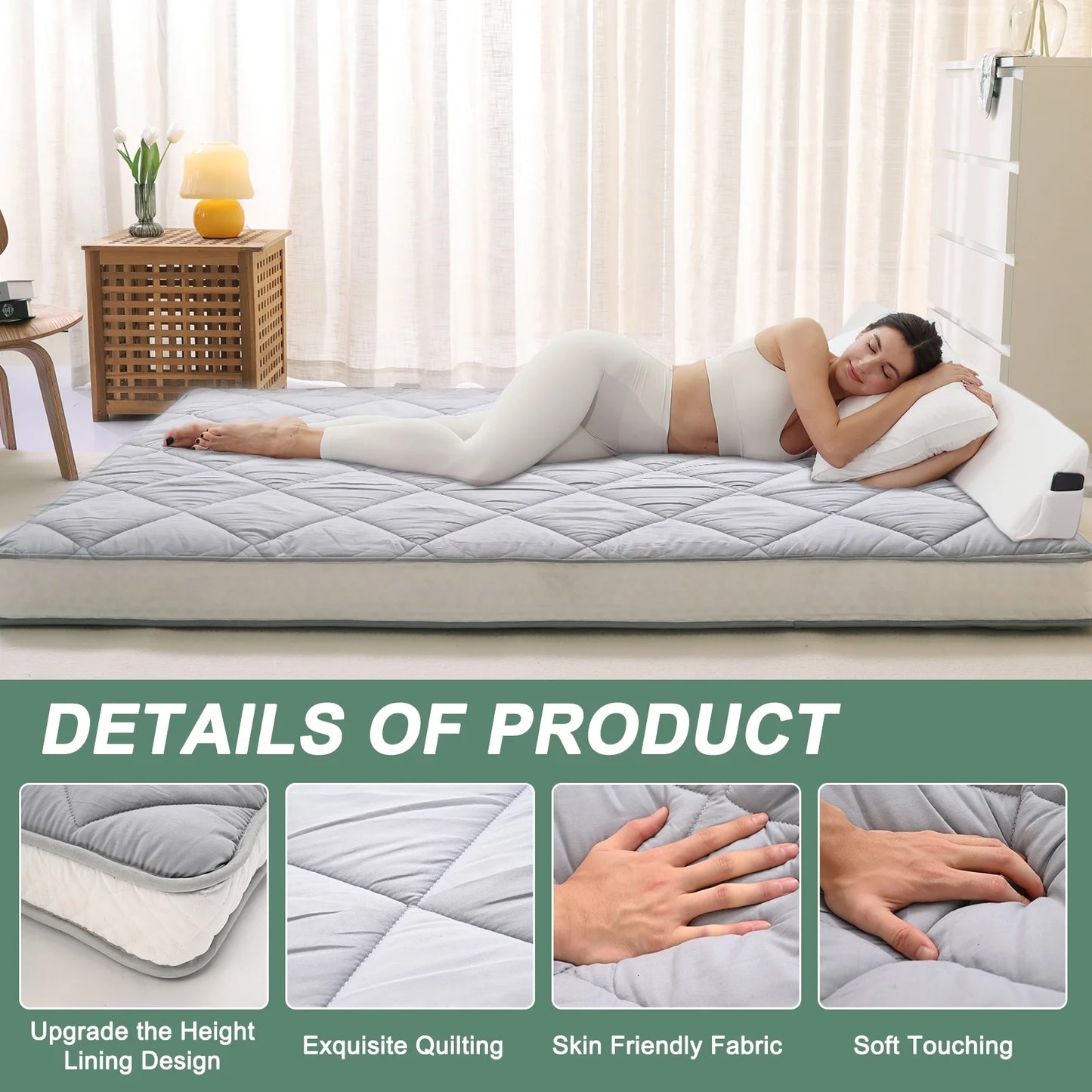 NAIZEA Diamond Patterned Futon Mattress, Extra Thick Japanese Floor Mattress Quilted Mattress Topper, Folding Floor Lounger Guest Bed Padded Sleeping Pad for Touring Car Camping,Twin