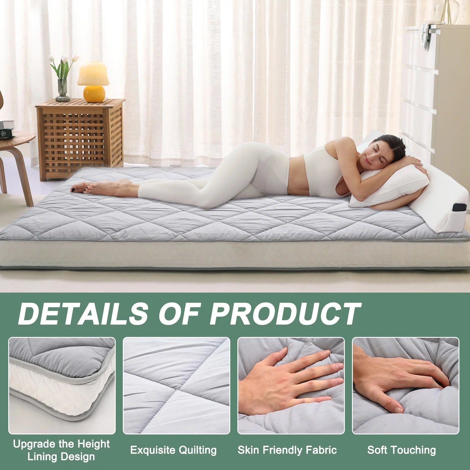 NAIZEA Diamond Patterned Futon Mattress, Extra Thick Japanese Floor Mattress Quilted Mattress Topper, Folding Floor Lounger Guest Bed Padded Sleeping Pad for Touring Car Camping,Twin