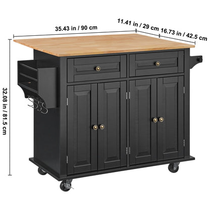 VEVOR Kitchen Island Cart, 43" Wood Top Mobile Carts with Storage Cabinet, Rolling Table with Drop Leaf, Spice Rack, Towel Bar, Adjustable Shelf, Drawer, and Hooks, Portable Islands on Wheels, Black