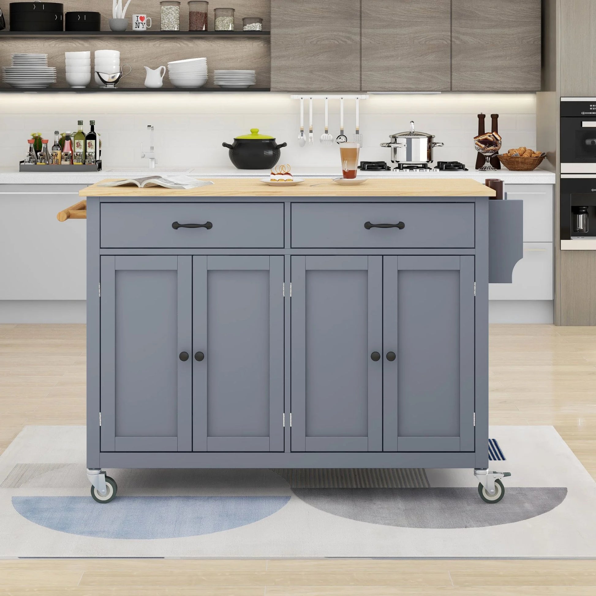54.3" Kitchen Island Cart with Solid Wood Top and Locking Wheels, Large Trolley Cart with 4 Door Cabinet and 2 Drawers, Spice Rack, Towel Rack,Kitchen and Dining Room Utensils Organizer on Wheels,Blue