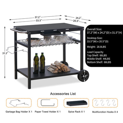 Grill Cart, Pizza Oven Stand, Outdoor bbq Prep Station with Storage, Wheel, Hook, Handle, Black Steel Tabletop, Garbage Bag Holder, Paper Towel Holder, Movable Spice Rack