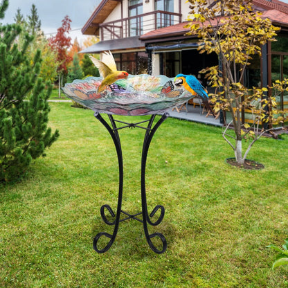 Glass Birdbath with Metal Stand Outdoor for Lawn Yard Garden Butterfly Decor, 18°?Dia 21.65°?Height