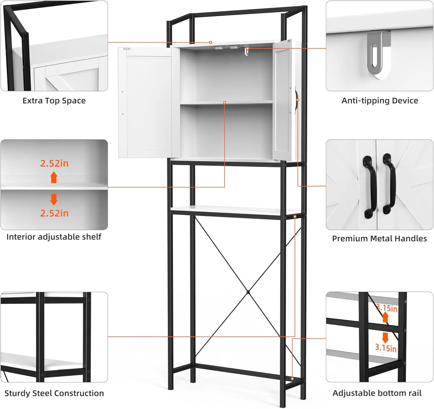HAUXITIO Over The Toilet Storage Cabinet, Bathroom Space Saving Toilet Shelf with 2 Doors and 3 Adjustable Shelf, White
