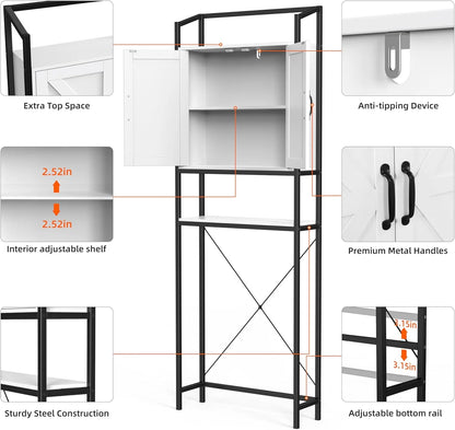 HAUXITIO Over The Toilet Storage Cabinet, Bathroom Space Saving Toilet Shelf with 2 Doors and 3 Adjustable Shelf, White