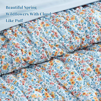 7 Pieces Blue Classic Puff Floral Bedding Sets for All Seasons, Shabby Chic Farmhouse Bed in a Bag Queen with Wildflowers Fluffy Comforter, Sheets, Pillowcases & Shams