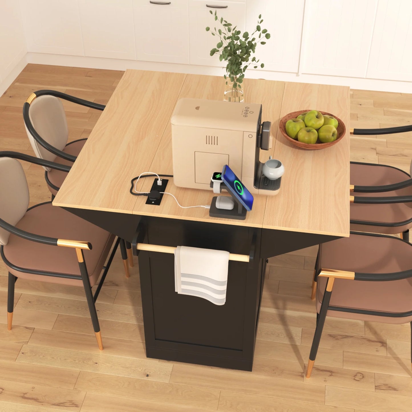 55.7'' Large Kitchen Island with 2 Drop Leaf,, Rolling Kitchen Cart on Wheels with Power Outlet, Spice & Towel Rack and 3 Drawers, Folding Storage Dining Table for Kitchen, Dining Room, Green