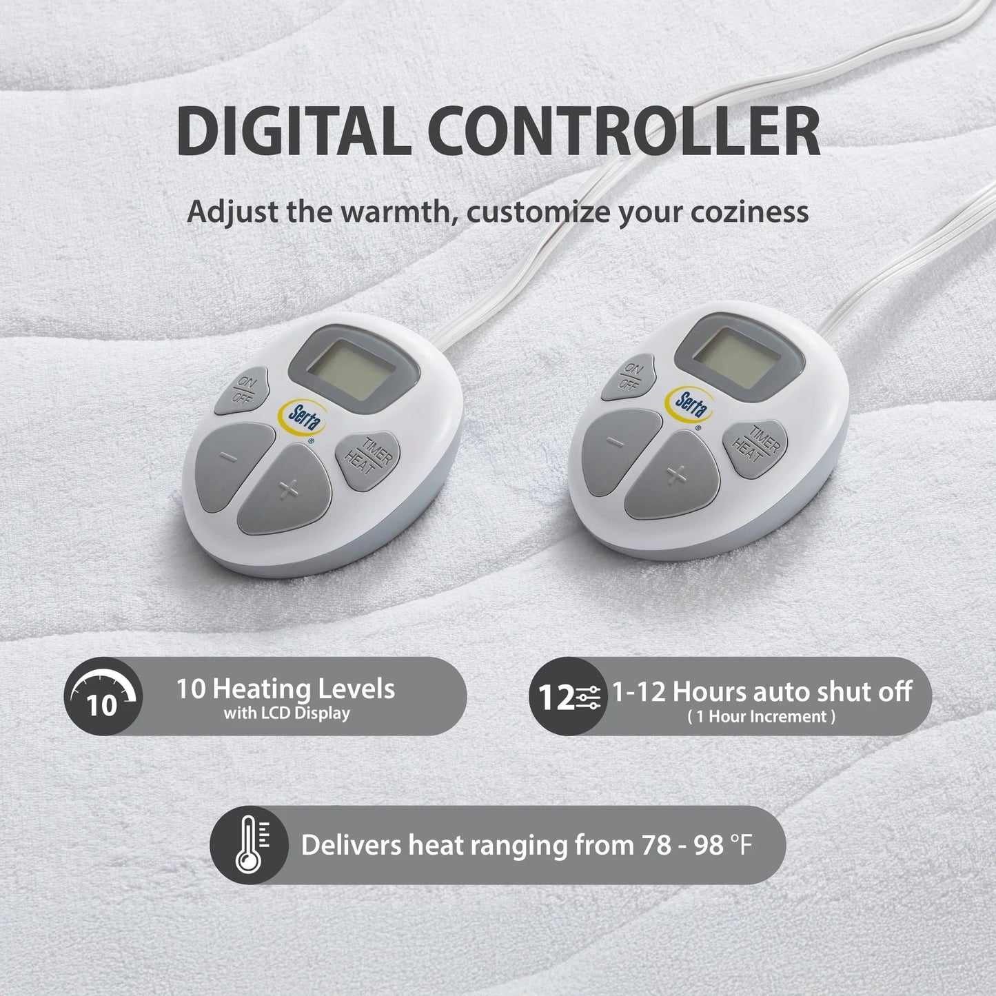 Serta Plush Queen Top Heated Plush Electric Mattress Pad, Auto Shut Off Ultra-Soft Waterproof Heating Mattress Protector with Dual Controller and 10 Heat Settings White