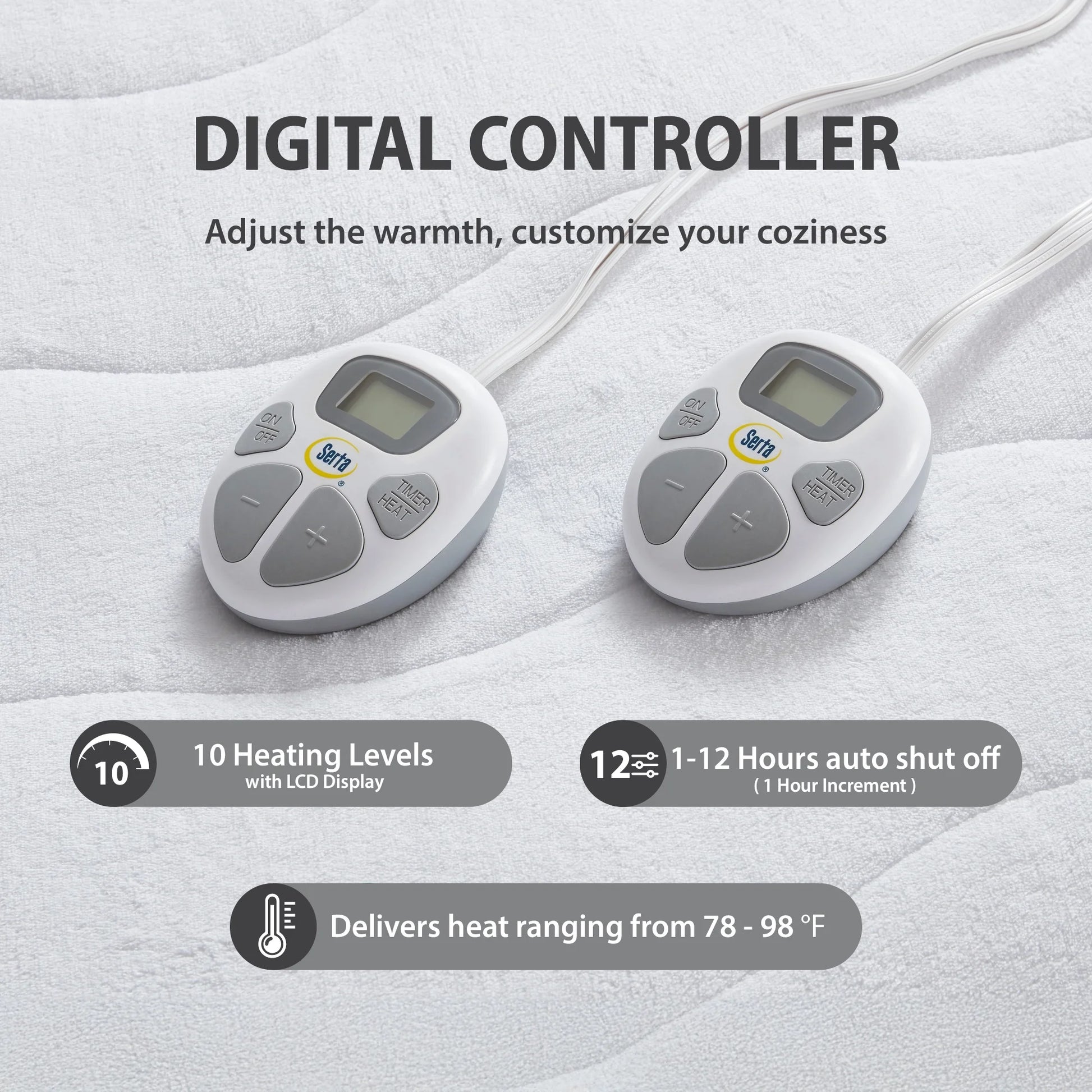 Serta Plush Queen Top Heated Plush Electric Mattress Pad, Auto Shut Off Ultra-Soft Waterproof Heating Mattress Protector with Dual Controller and 10 Heat Settings White