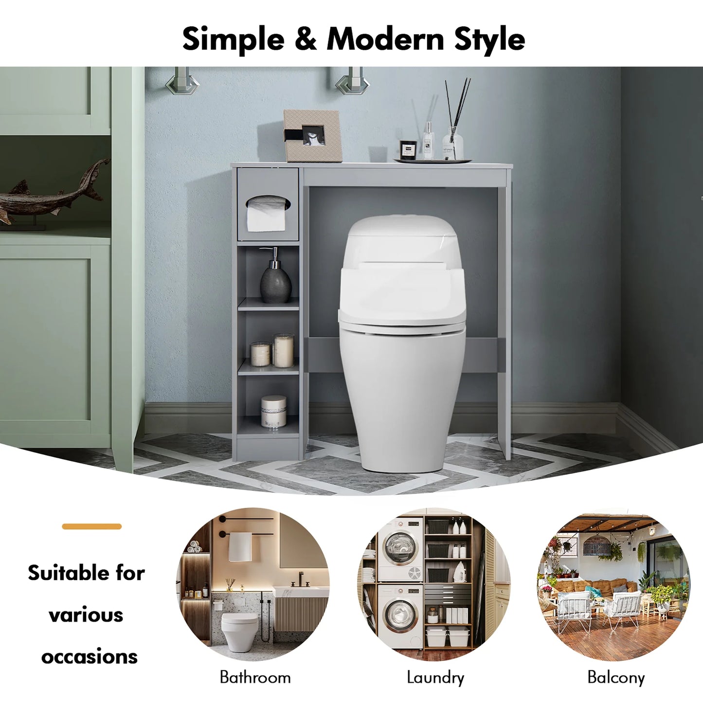 Costway Wooden Over the Toilet Storage Cabinet Bathroom Space Saver w/Paper Holder Grey