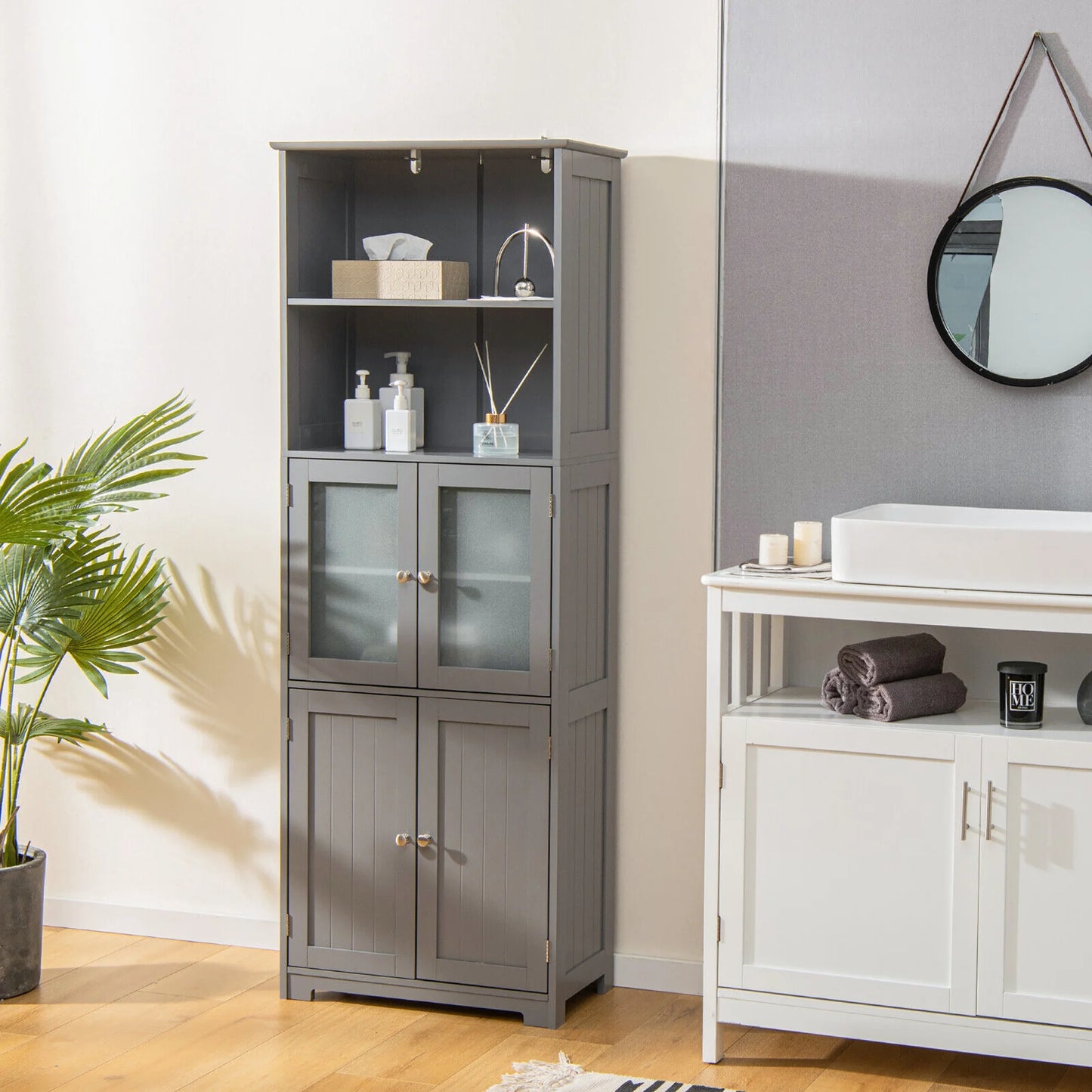 Gymax Bathroom Tall Storage Cabinet Linen Tower w/Glass Door & Adjustable Shelf Grey