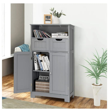 Freestanding Wooden Storage Cabinet with 2 Drawers & Adjustable Shelf for Bathroom, Living Room, Bedroom, Kitchen - Brown