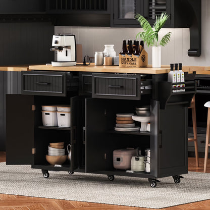 Kitchen Island with Storage, Rolling Kitchen Island on Wheels with Charging Station, Kitchen Cart Island Table with Drop Leaf, Drawers, Cabinets, Spice Rack, Towel Rack, Black