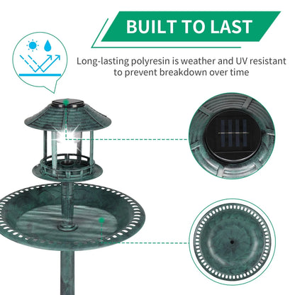Ktaxon Wild Bird Bath Resin Pedestal Birdbaths with Solar Light Antique Sculpture Finish Garden Decor Dark Green