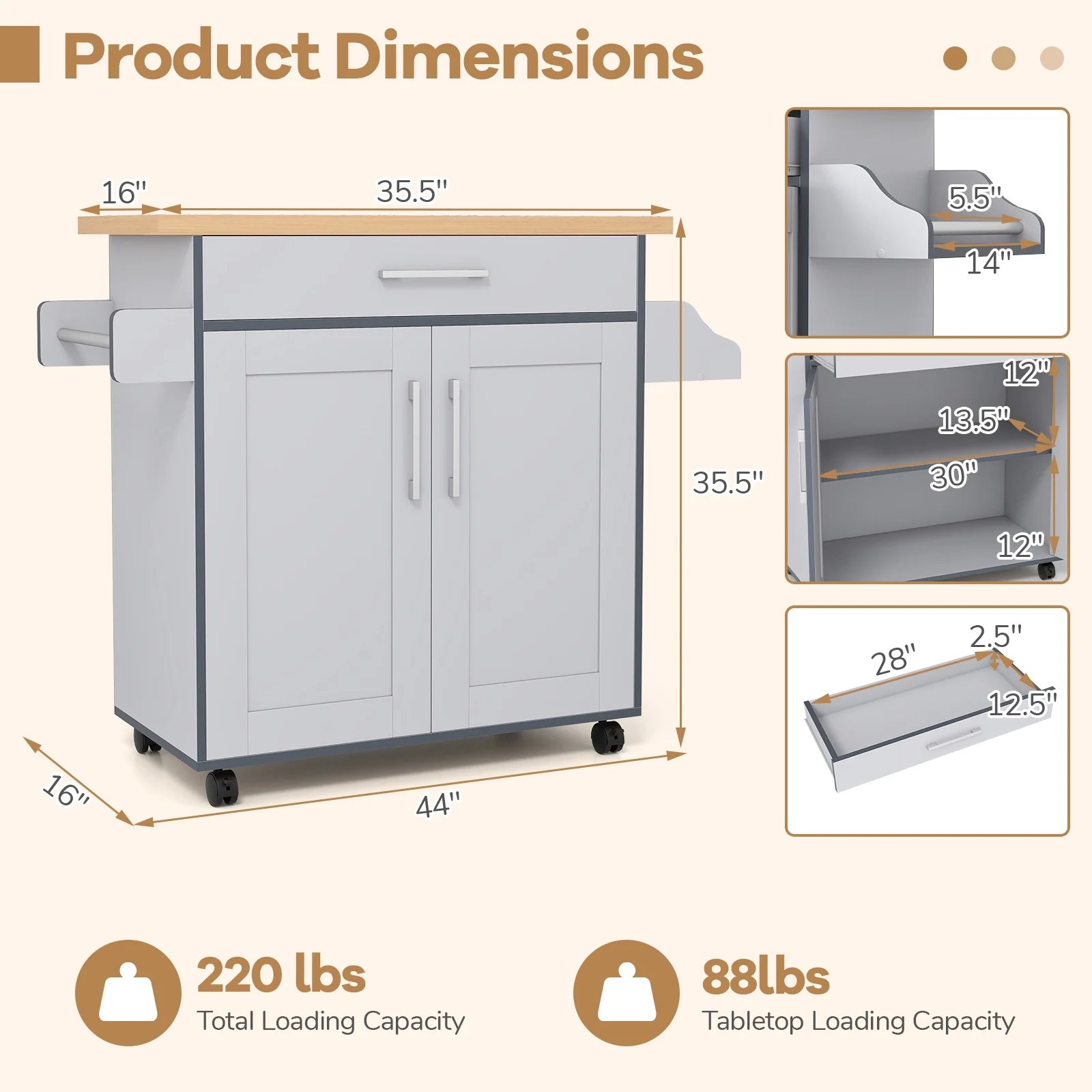 Giantex Kitchen Island Cart with Storage Cabinet on Wheels, Spice Rack Towel Rack & Drawer, Gray
