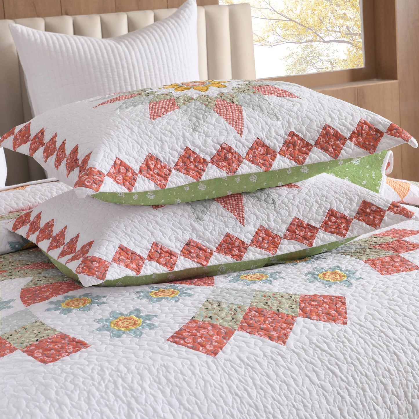 3 Pcs 100% Cotton Sunflower Pattern Patchwork Quilt Bedspread Set|Farmhouse Bedding Set for All Seasons