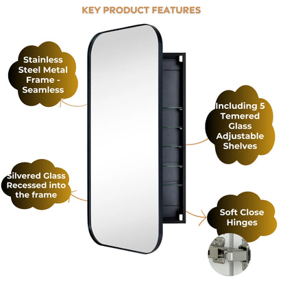 TEHOME Black Rectangle Long Recessed and Surface Mount Stainless Steel Metal Framed Rounded Rectangular Bathroom Cabinet with Mirror 20x40''
