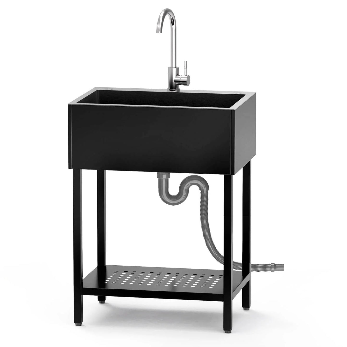 26" Freestanding Utility Sink, Single Bowl Kitchen Sinks w/Storage Shelve, Black Heavy Duty Sinks with Cold & Hot Water Pipe for Commercial Laundry Room Bathroom Farmhouse