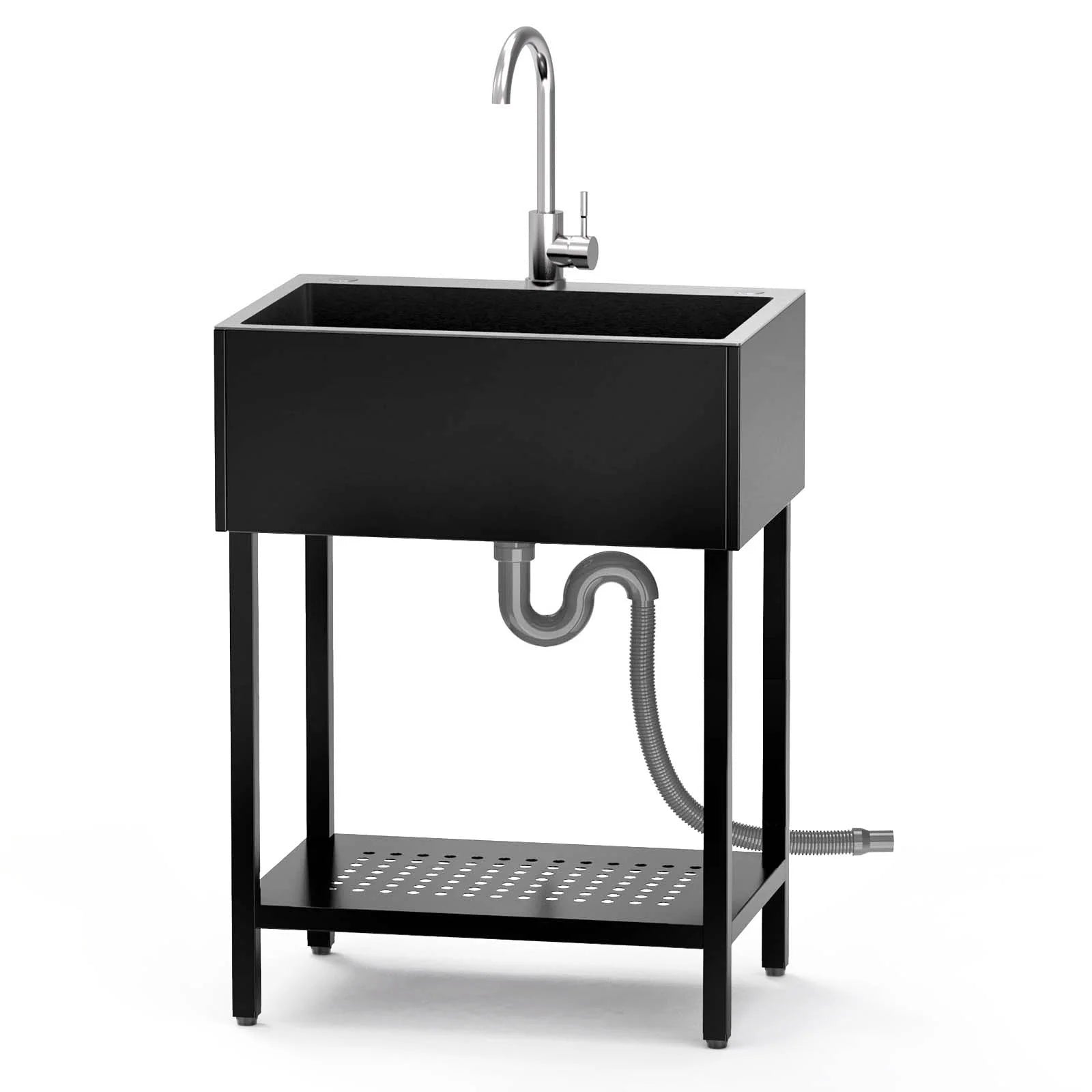 26" Freestanding Utility Sink, Single Bowl Kitchen Sinks w/Storage Shelve, Black Heavy Duty Sinks with Cold & Hot Water Pipe for Commercial Laundry Room Bathroom Farmhouse