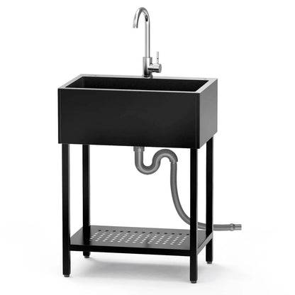 26" Freestanding Utility Sink, Single Bowl Kitchen Sinks w/Storage Shelve, Black Heavy Duty Sinks with Cold & Hot Water Pipe for Commercial Laundry Room Bathroom Farmhouse