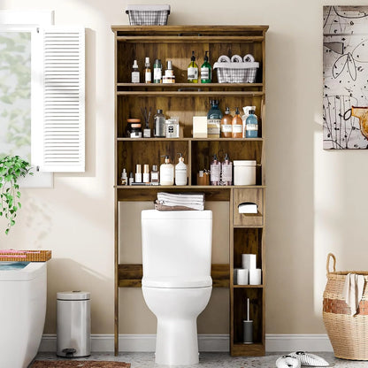 Over The Toilet Storage Cabinet with Transparent Door, Toilet Paper Storage Cabinet with Multi Layer Shelves Suitable for Bathroom, Laundry Room, Freestanding Bathroom Storage Rack,Brown