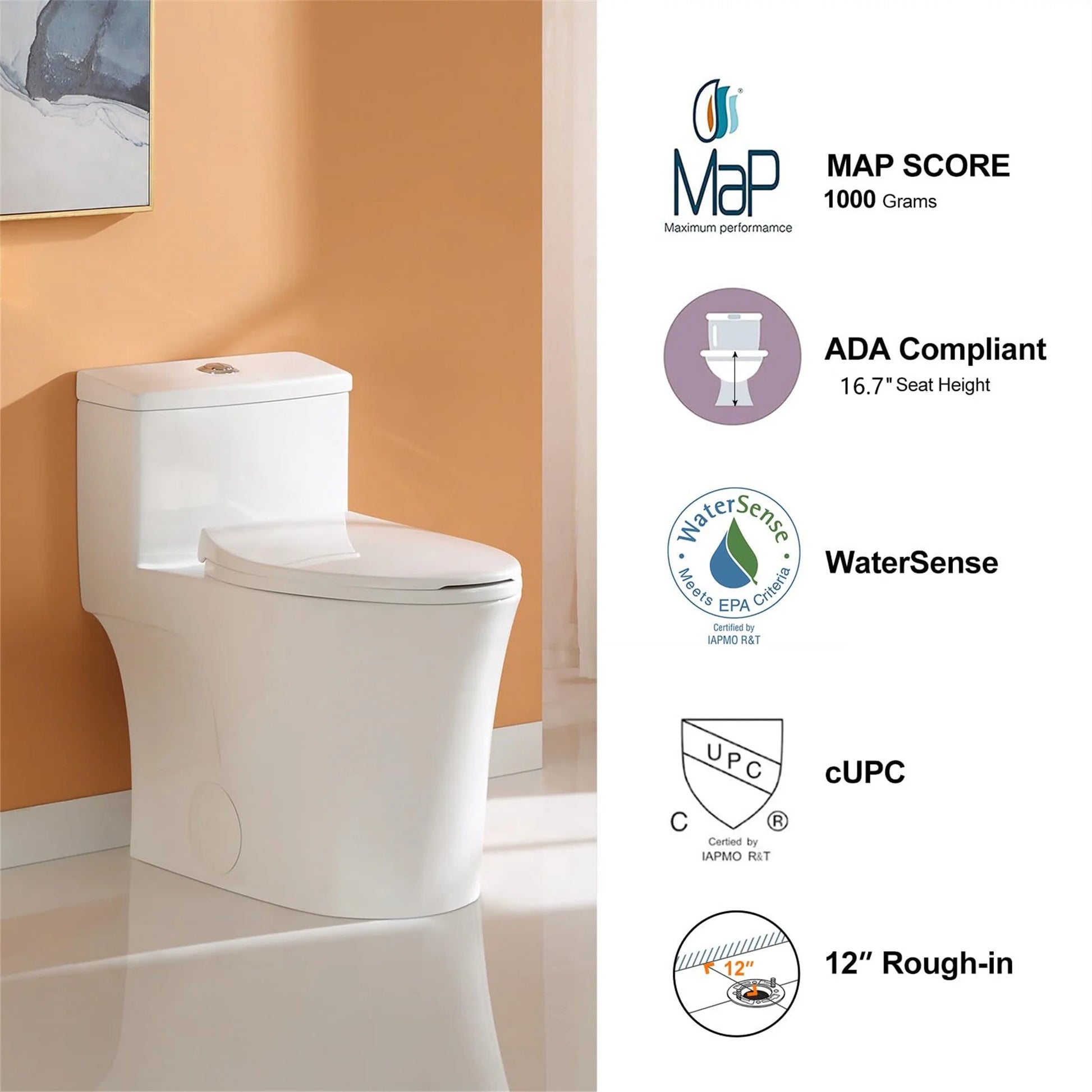 Aukfa T029-WT Elongated One Piece Toilet, Dual Flush 1.1/1.6 GPF Toilet for Bathroom, 12" Rough-In