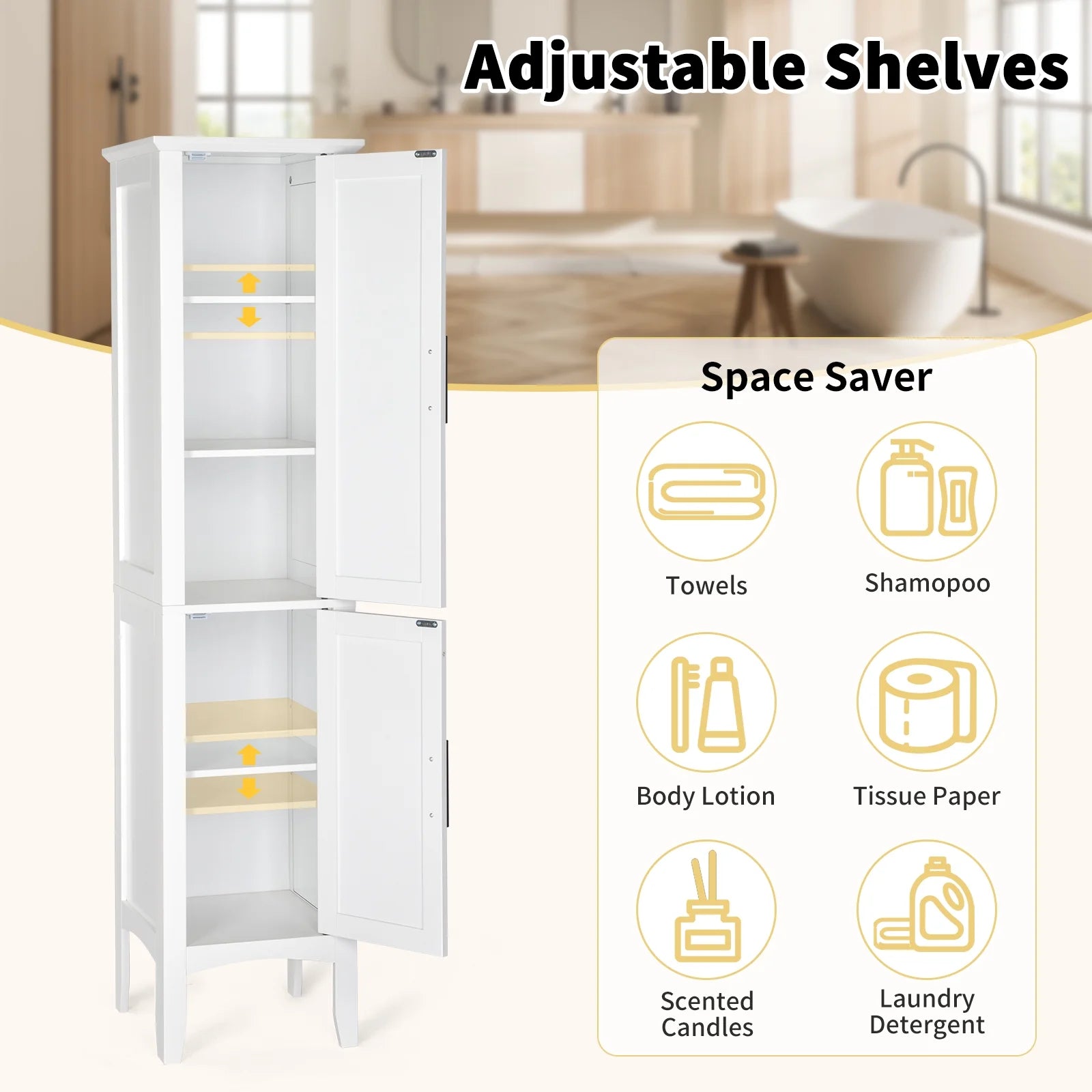 Ktaxon Bathroom Storage Cabinet Narrow Tall, Freestanding Cabinet Storage Tower with 2 Door, White