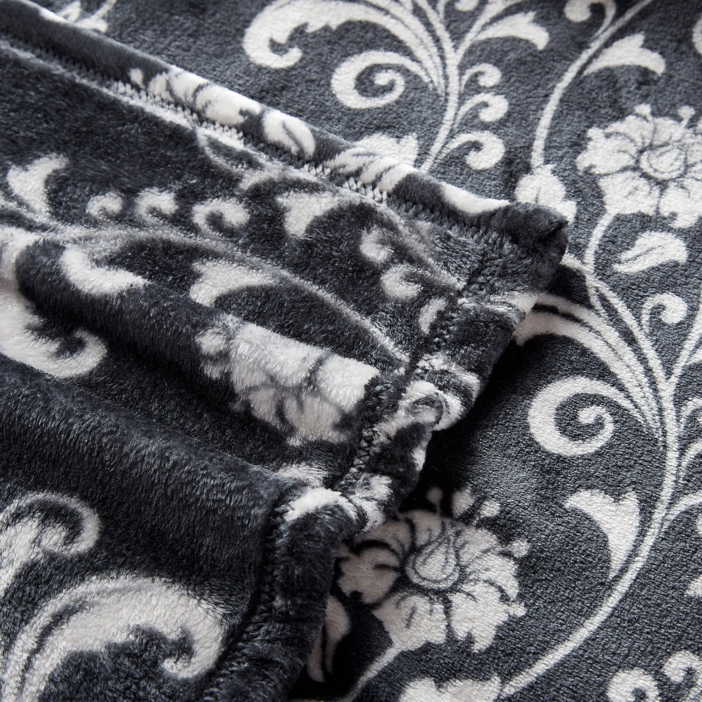 SoftLux Printed Luxury Velvet Plush Fleece Blanket, Full/Queen, 90" x90", Grey Floral Scroll
