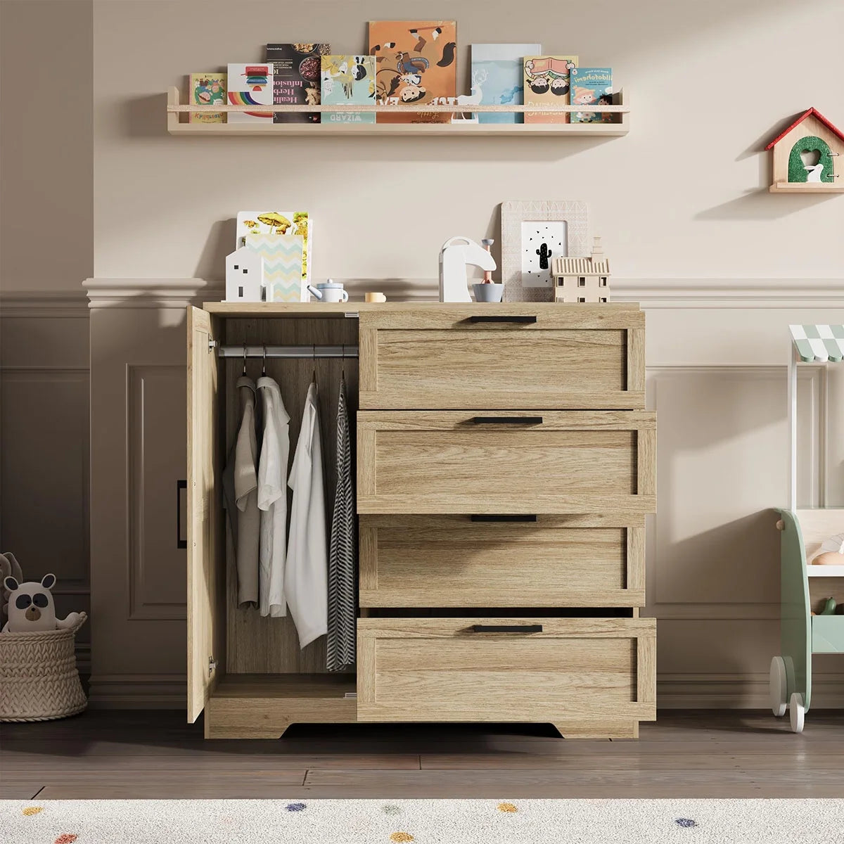 Ataucjin Wood Armoire Wardrobe Closet with 4 Drawers and Door, 43.3" H Bedroom Wardrobe Cabinet with Hanging Rod, Clothing Storage Cabinets, 4 Drawers Dresser with Storage Closet