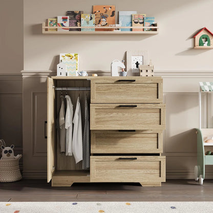 Ataucjin Wood Armoire Wardrobe Closet with 4 Drawers and Door, 43.3" H Bedroom Wardrobe Cabinet with Hanging Rod, Clothing Storage Cabinets, 4 Drawers Dresser with Storage Closet