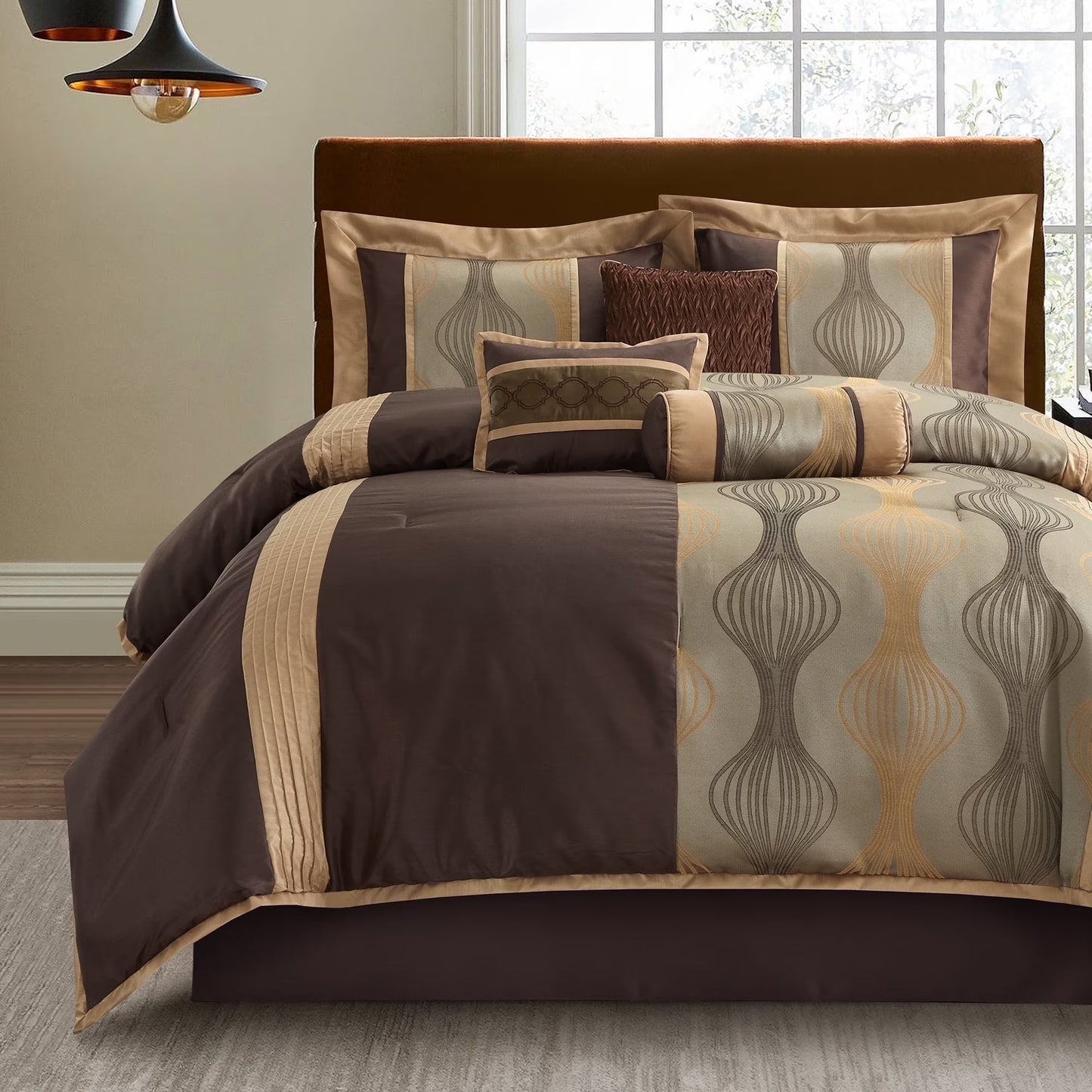 Lanco Elegant Black and Gold Comforter Set,Striped, 7 Pieces Jacquard Bedding Sets with Comforter for All Season, Bed Skirt, Pillows & Shams, Queen Size, Lightweight Microfiber