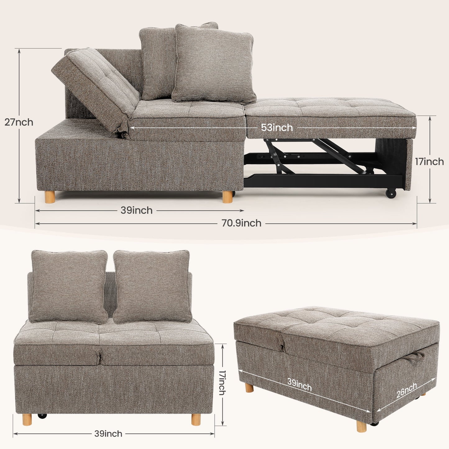 SEJOV 4-in-1 Convertible Sleeper Chair Bed, Linen Sofa Bed for Small Space, Futon Sofa with 2 Throw Pillows for Living Room, Single Recliner with 5 Adjustable Backrest for Bedroom Apartment, Brown