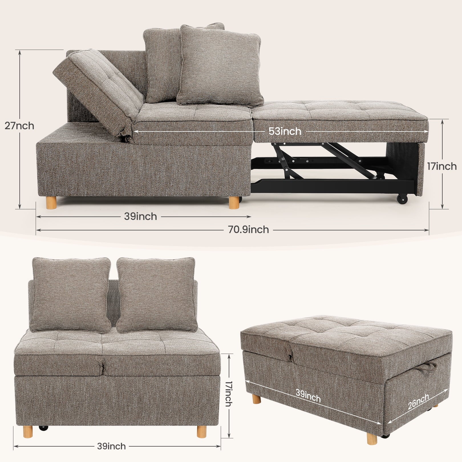 SEJOV 4-in-1 Convertible Sleeper Chair Bed, Linen Sofa Bed for Small Space, Futon Sofa with 2 Throw Pillows for Living Room, Single Recliner with 5 Adjustable Backrest for Bedroom Apartment, Brown